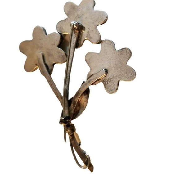 Artisan Brooch Sterling Silver Garnet Turquoise Flower Pin JS14 - Picture 9 of 10